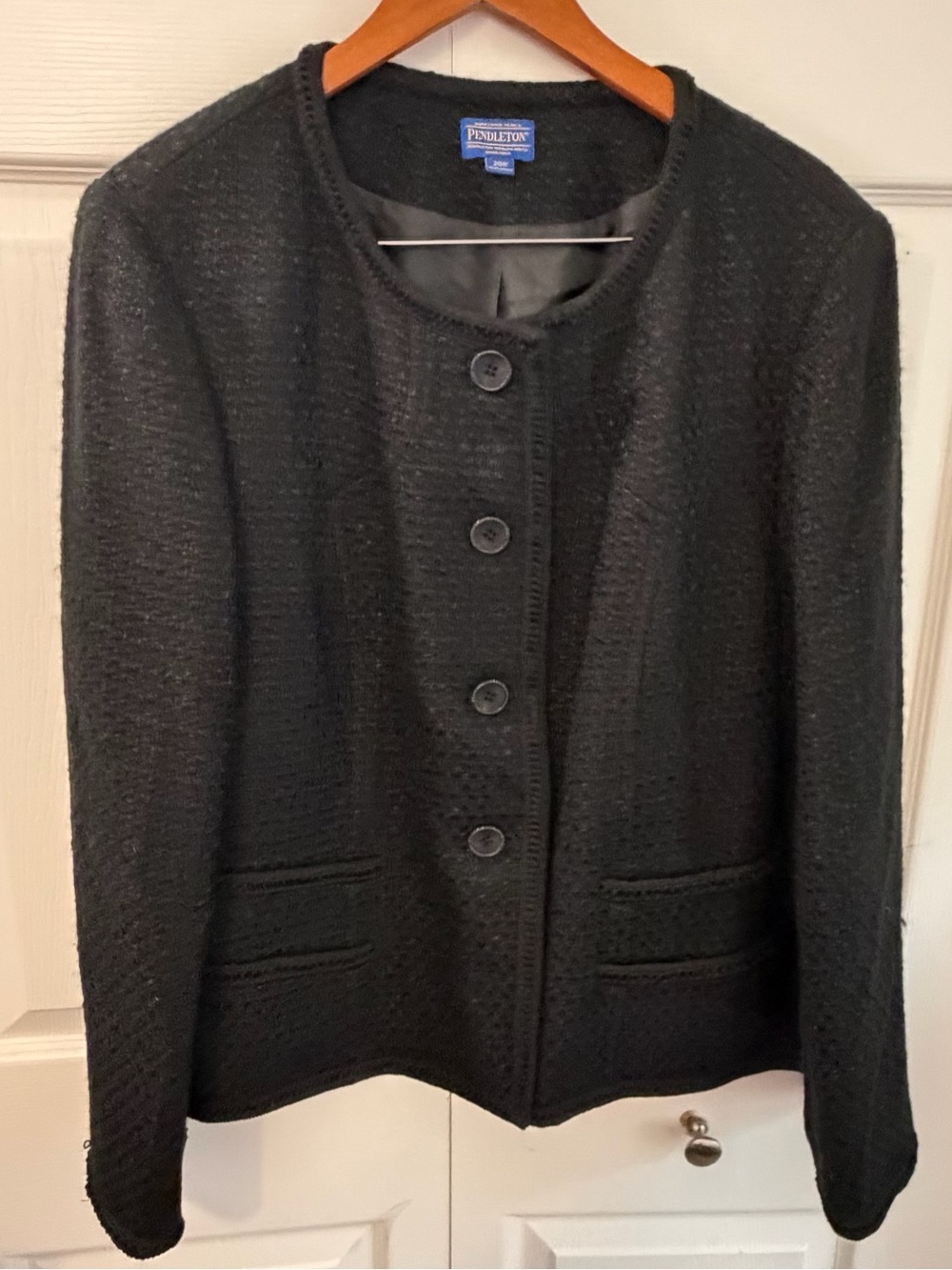Pendleton 20W Black Tweed Wool Blend Collarless Blazer Jacket w Braided boarders